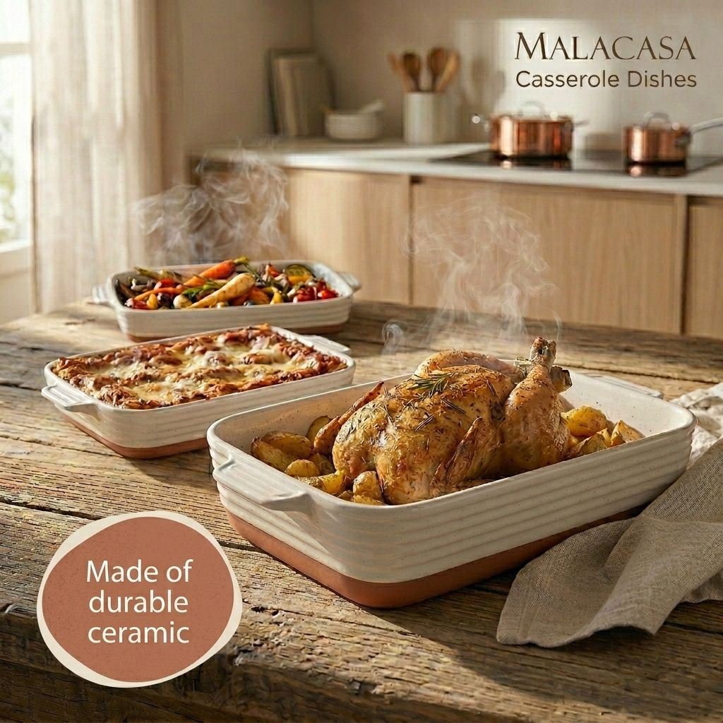 MALACASA Casserole Dishes for Oven, Ceramic Baking Dishes Set of 3