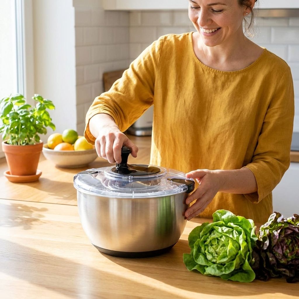 Stainless Steel Salad Spinner, 4.8 Qt Vegetable Washer, BPA-Free Lettuce Dryer with Crank