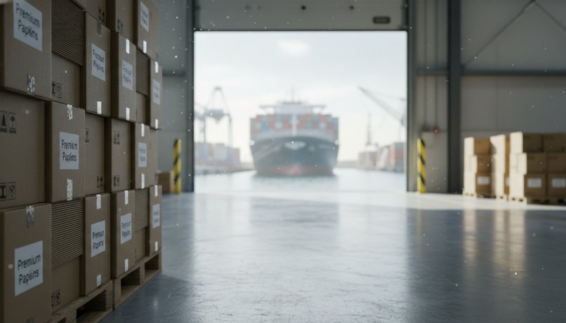 A professional warehouse setting with stacked boxes of premium paper napkins and a cargo ship in the background representing international trade.