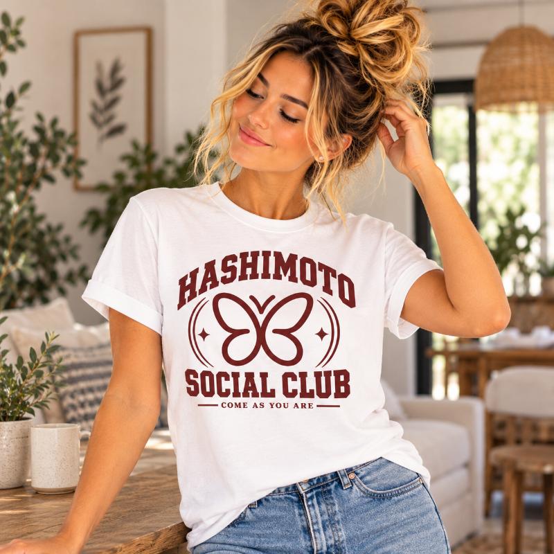 Frau im weißen Hashimoto Social Club T-Shirt mit bordeauxrotem Schmetterling und Vintage-Schriftzug.