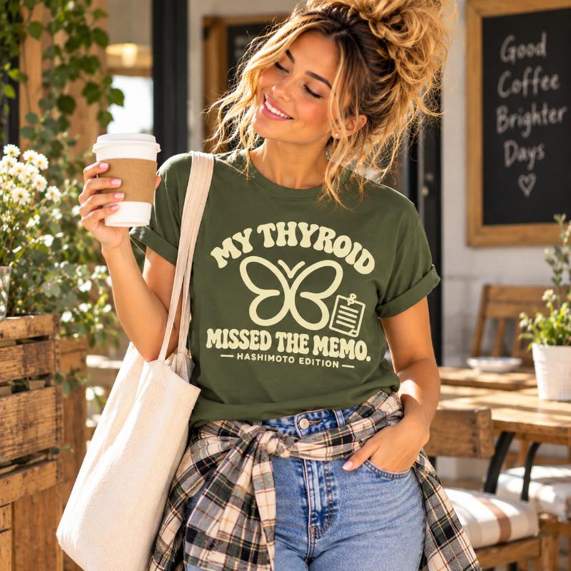 Frau im dunkelgrünen Hashimoto T-Shirt mit cremefarbenem Schmetterling und Spruch My Thyroid Missed the Memo.