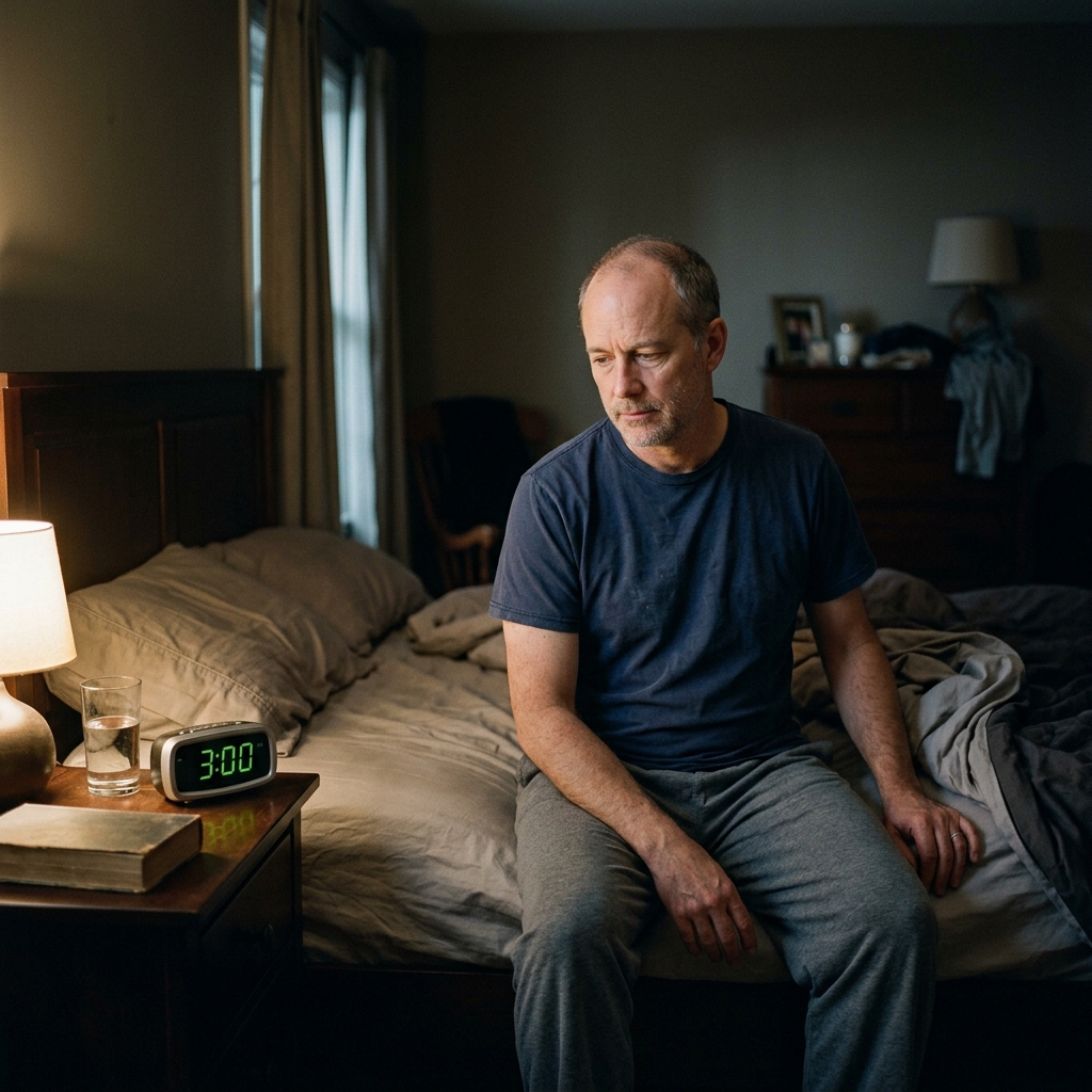 Concerned senior man sitting on bed at night experiencing nocturia Concerned senior man sitting on bed at night experiencing nocturia