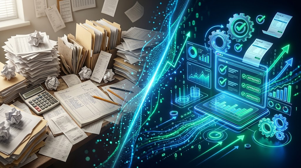 Left side shows messy paperwork and calculator, right side shows digital dashboard and approved invoices