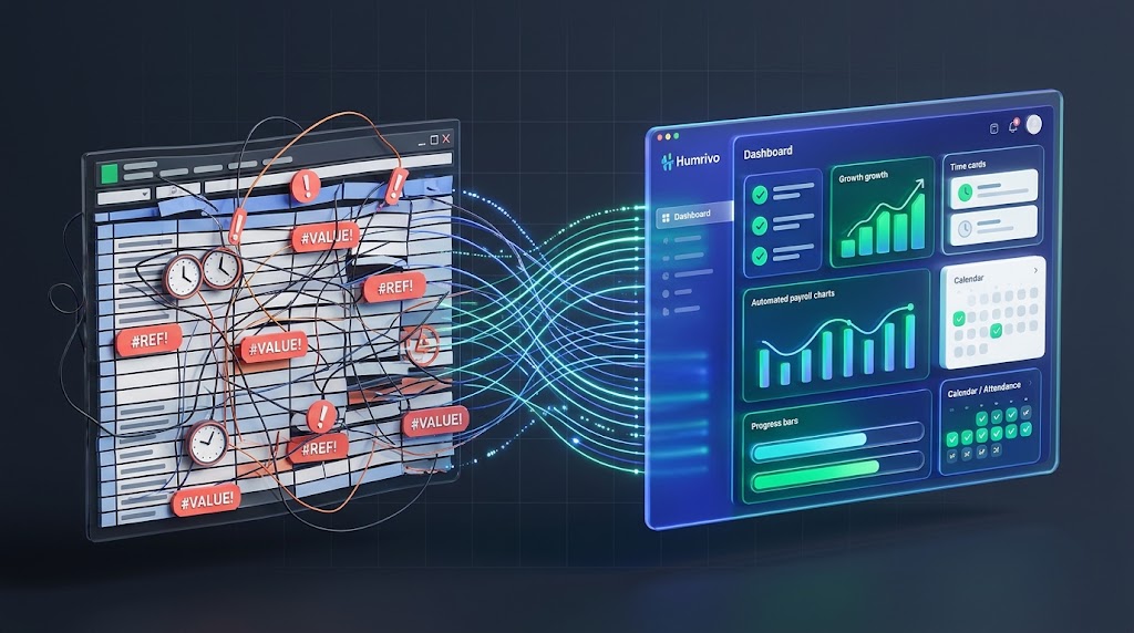 Illustration of messy spreadsheets transforming into a unified automated payroll dashboard
