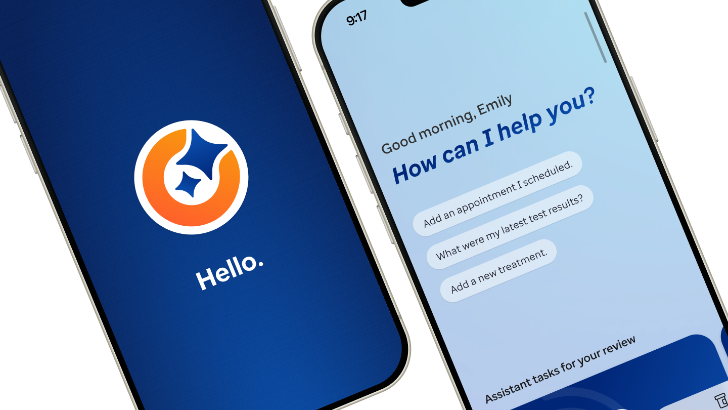 Two Health Assistant onboarding screens greeting the user and offering help with family health questions.