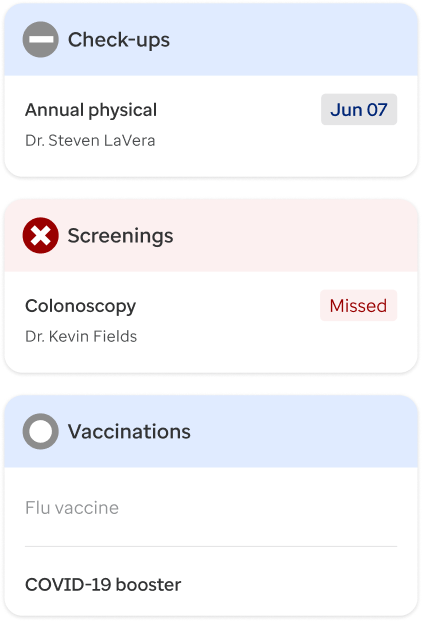 Preventive-care checklist groups annual physicals, screenings, and vaccinations with due dates and status.