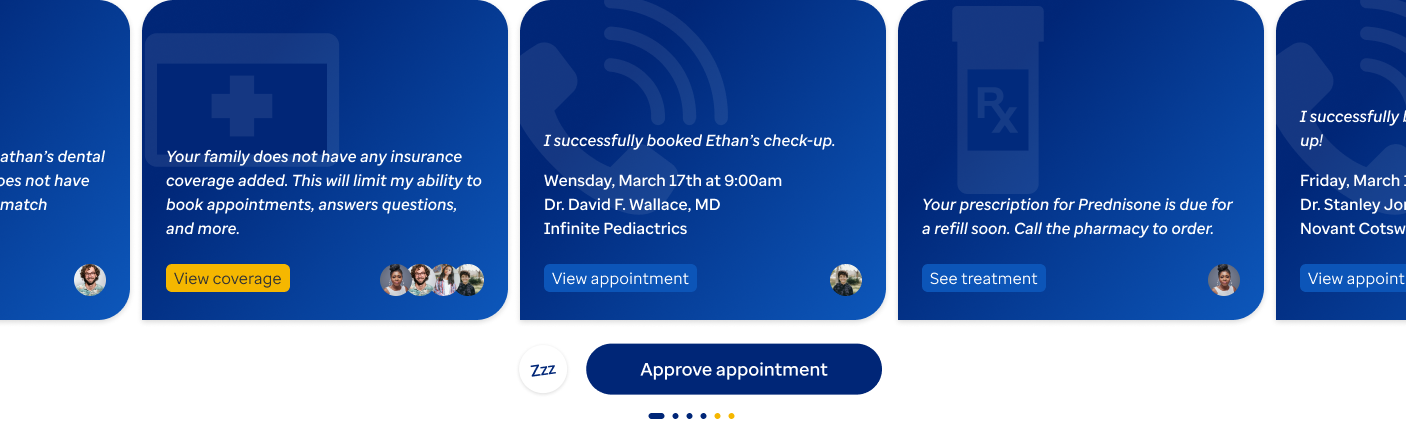 Carousel of Health Assistant task cards suggesting actions such as scheduling appointments and reviewing next steps.