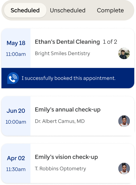 Upcoming appointments list shows dental cleaning, annual checkup, and vision checkup with dates and providers.