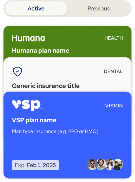 Insurance screen displays active Humana health and VSP vision plan cards for the family.