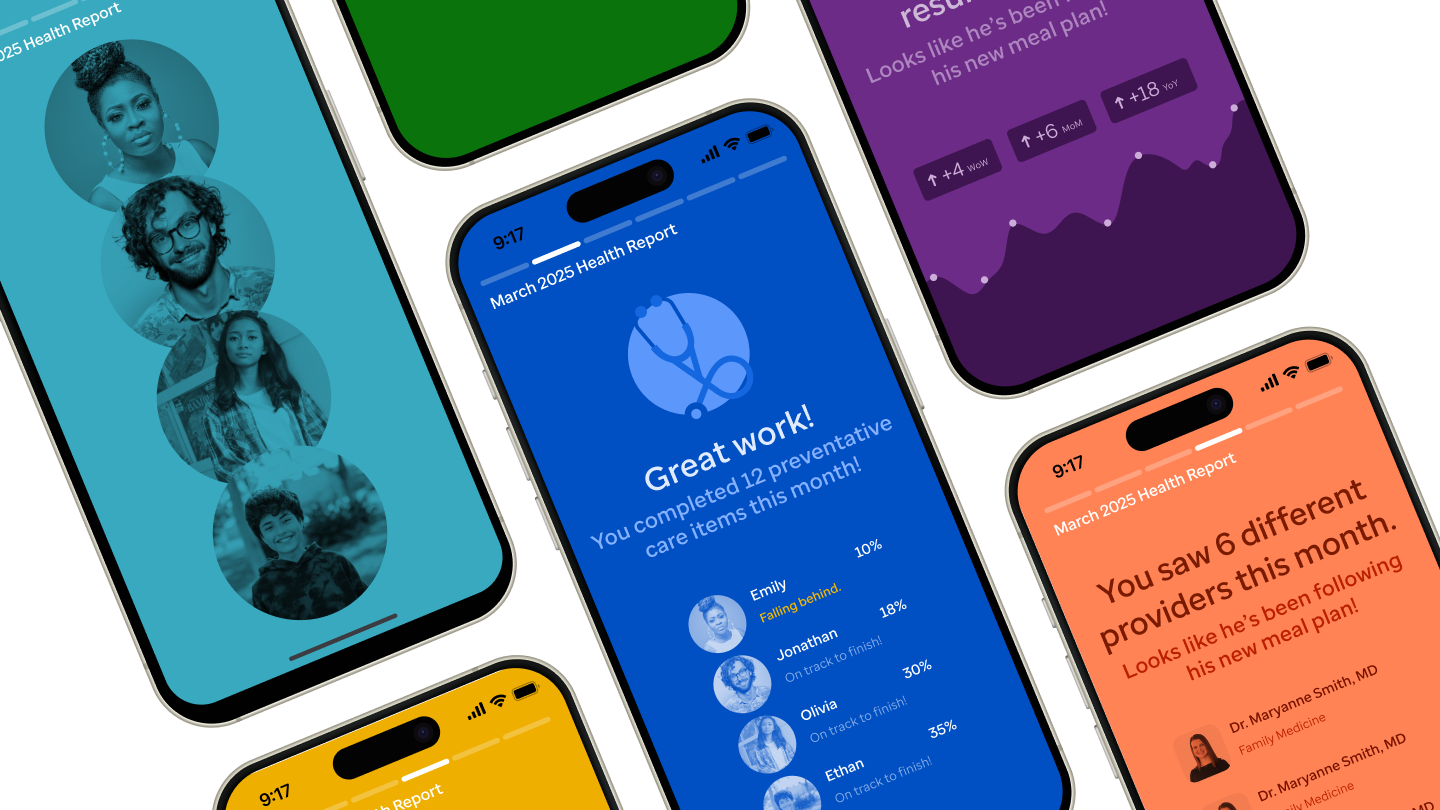 Colorful mobile report screens summarize family activity, weekly progress, and upcoming health reminders.