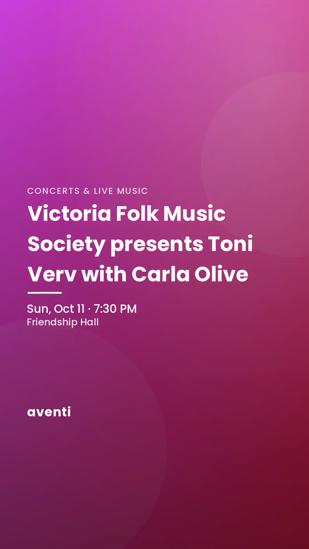 Victoria Folk Music Society presents Toni Verv with Carla Olive
