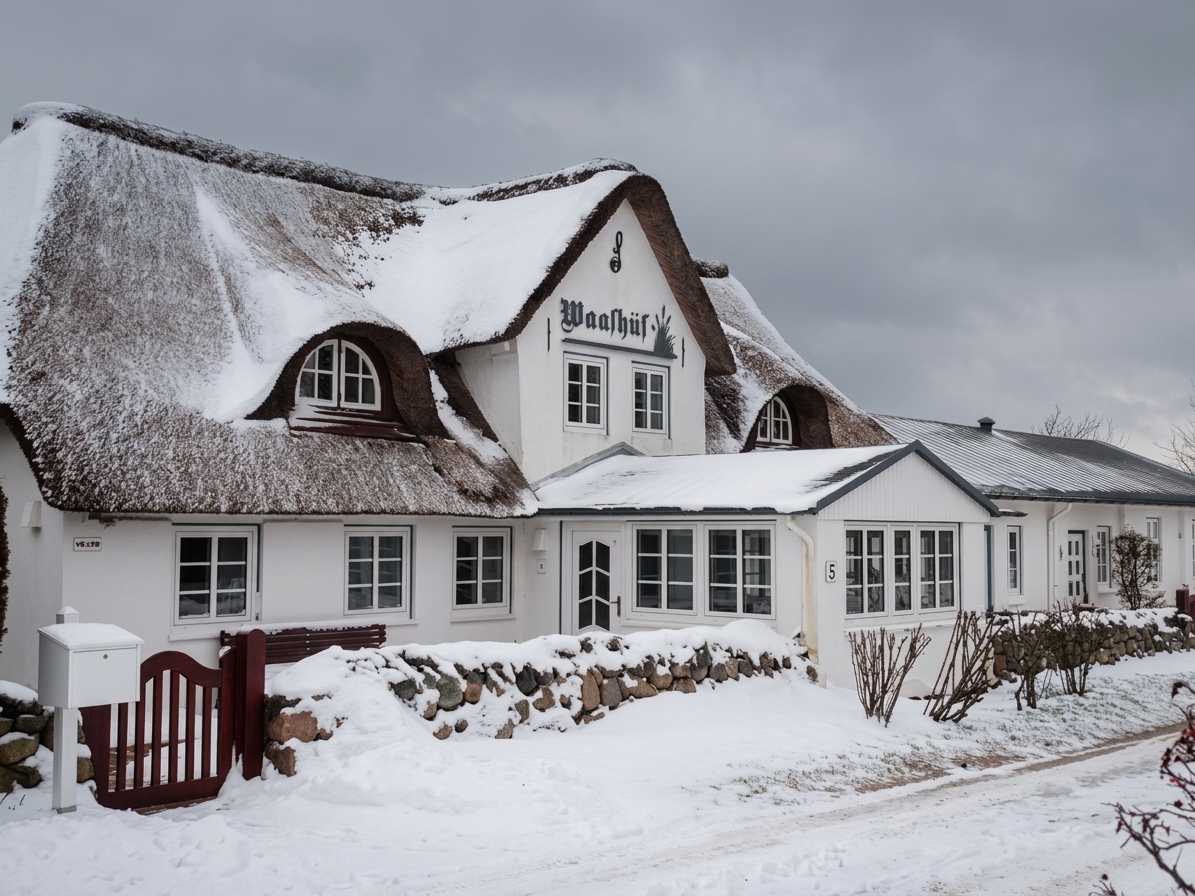 Winterzauber in Nebel: Wenn sanfter Schnee das reetgedeckte Waashüs zur Ruhe bettet.