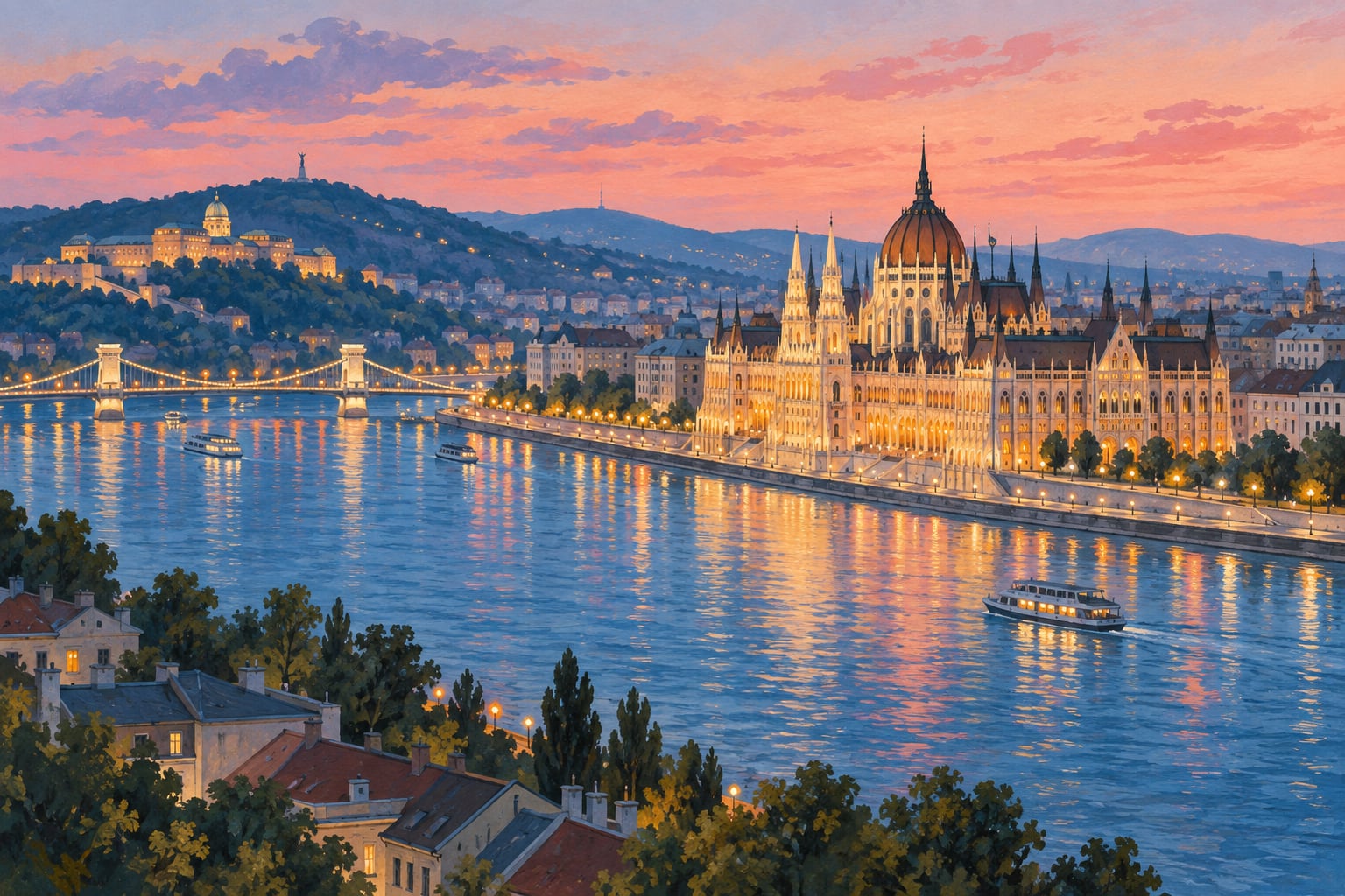 Ilustración editorial del Danubio y el Parlamento de Budapest al anochecer