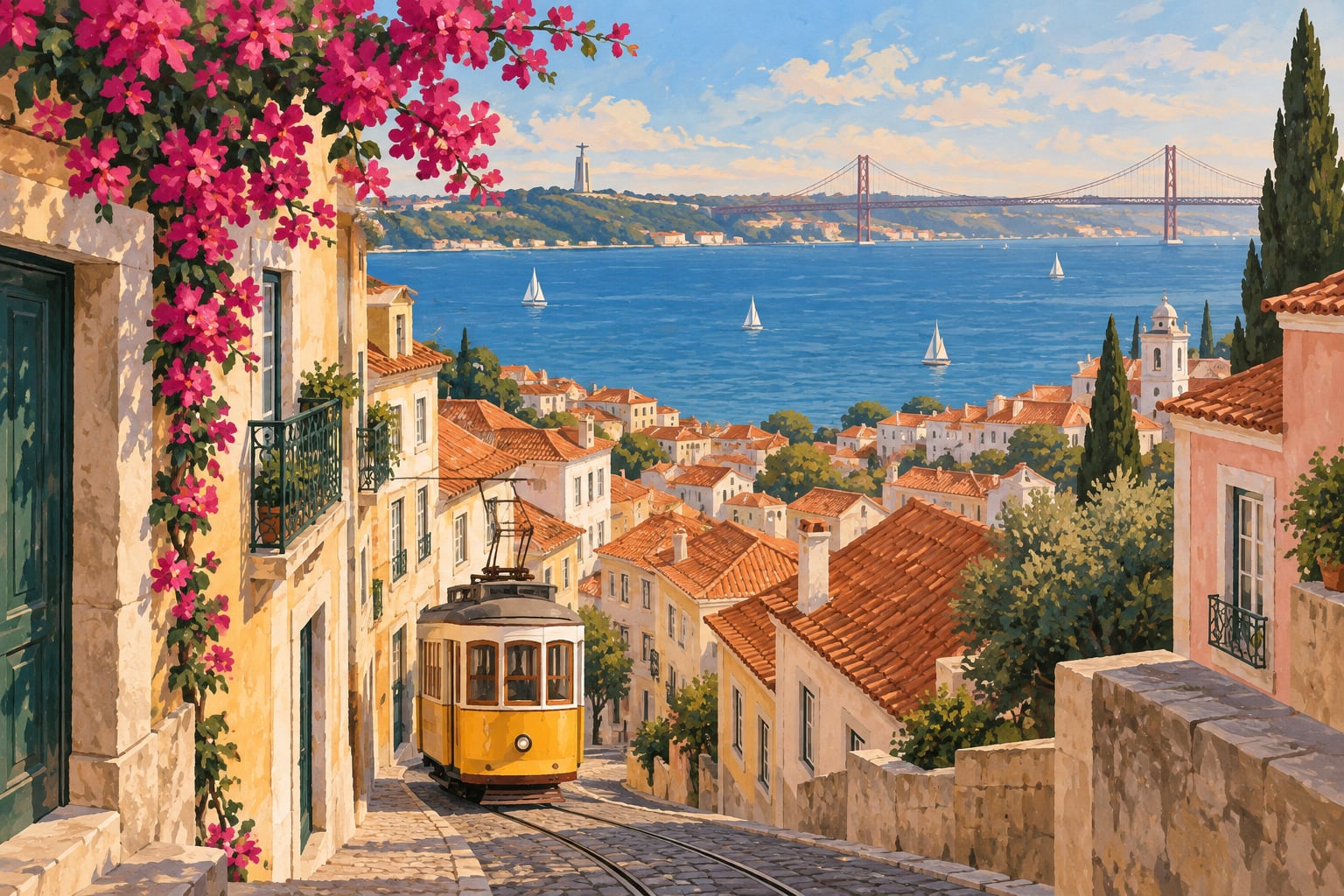 Ilustración editorial de tejados de Lisboa, un tranvía y el Tajo