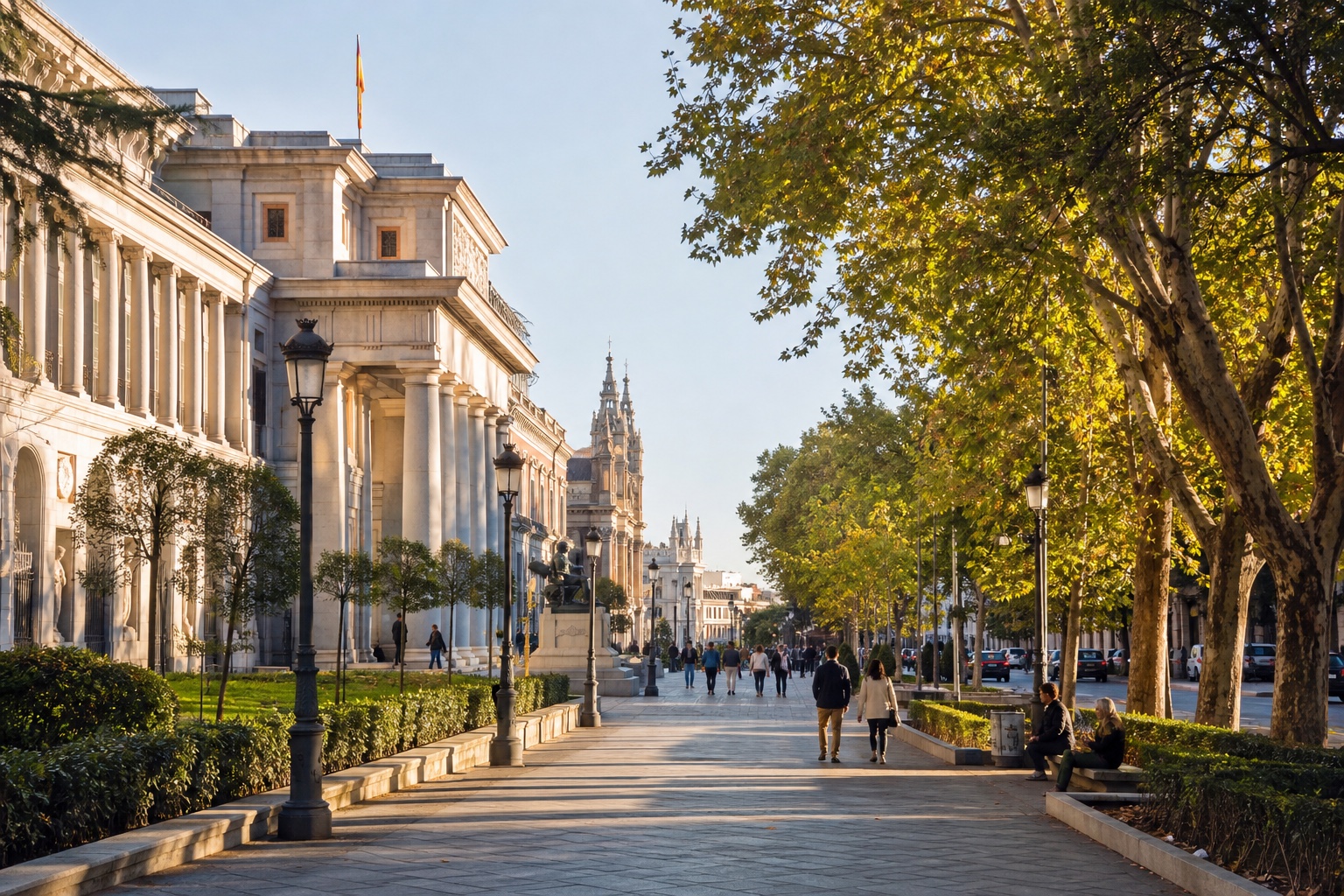 Paseo arbolado de Madrid junto a edificios históricos en una mañana luminosa