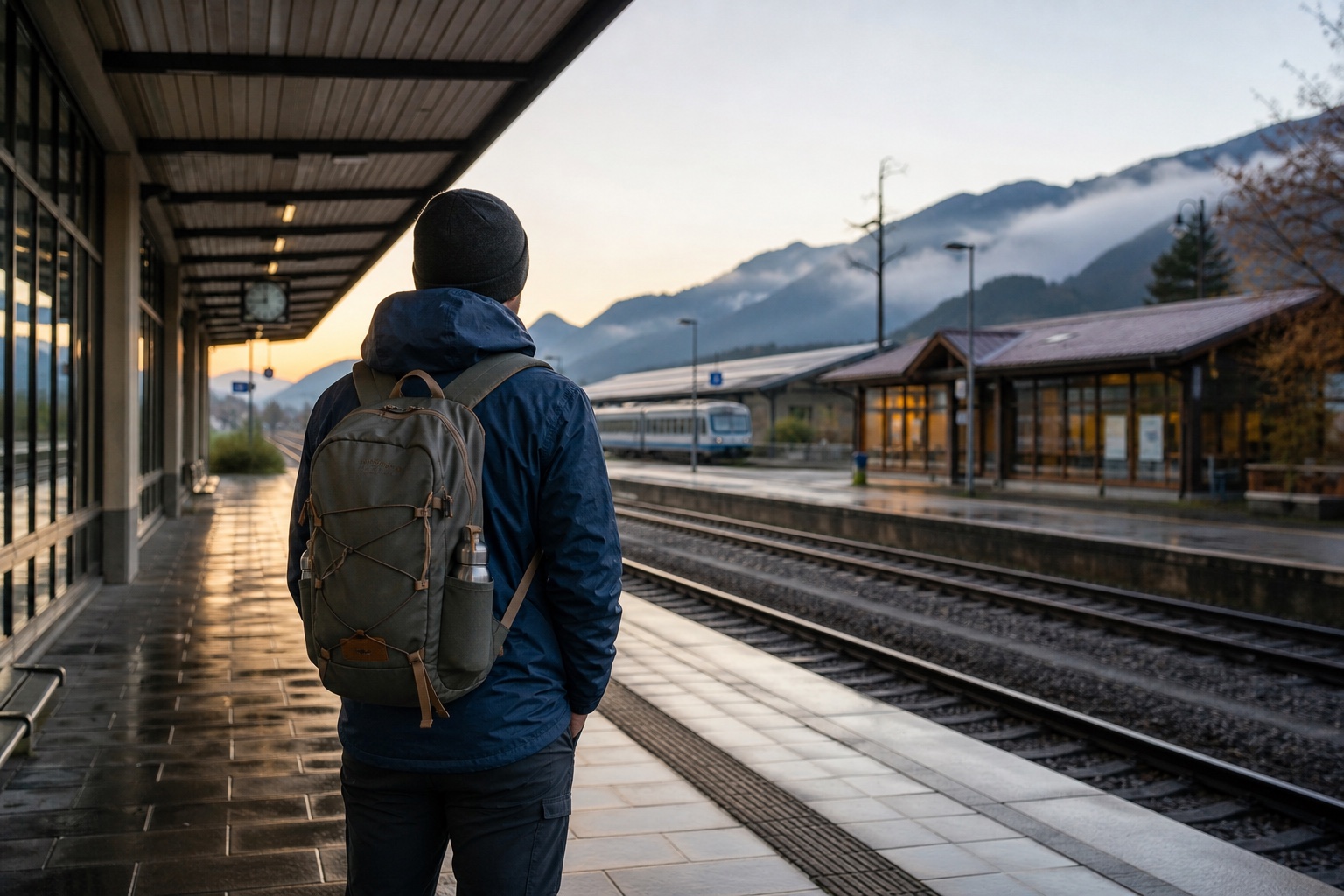 Viajero con mochila de día preparando una salida temprana en tren desde Múnich