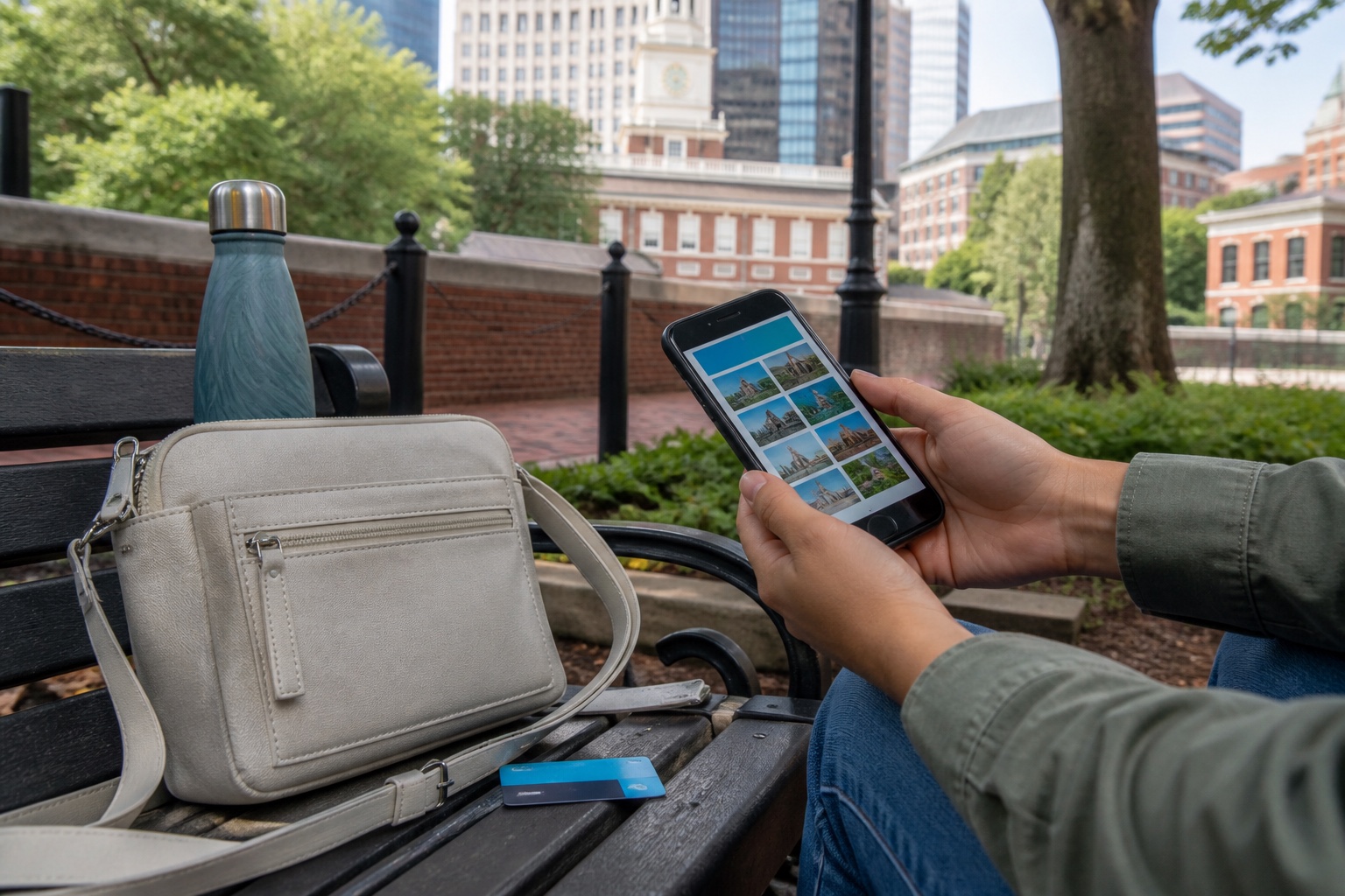 Viajera comparando atracciones en el móvil con bolsa compacta en el centro de Philadelphia