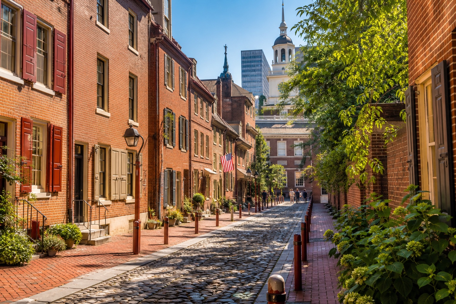 Calle de Philadelphia con arquitectura histórica y skyline contemporáneo al fondo