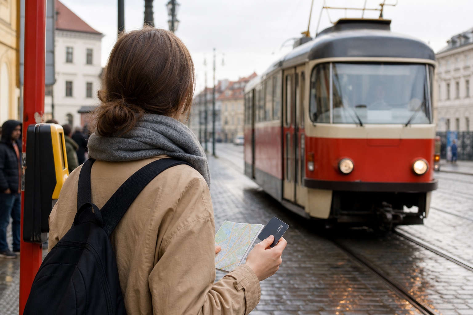 Viajera con calzado cómodo revisando una parada de tranvía antes de subir hacia el Castillo de Praga