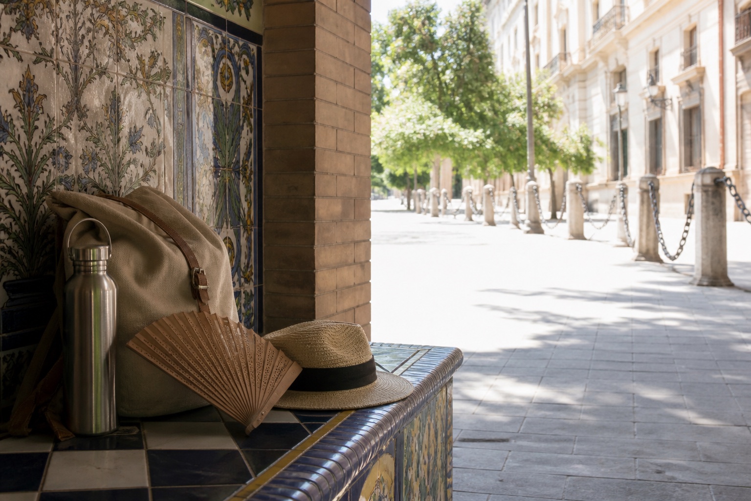 Viajera preparando agua y sombrero a la sombra antes de recorrer Sevilla