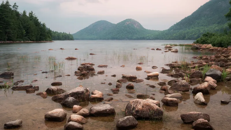 Orilla de cantos rodados de granito en Jordan Pond, con las dos Bubbles al fondo