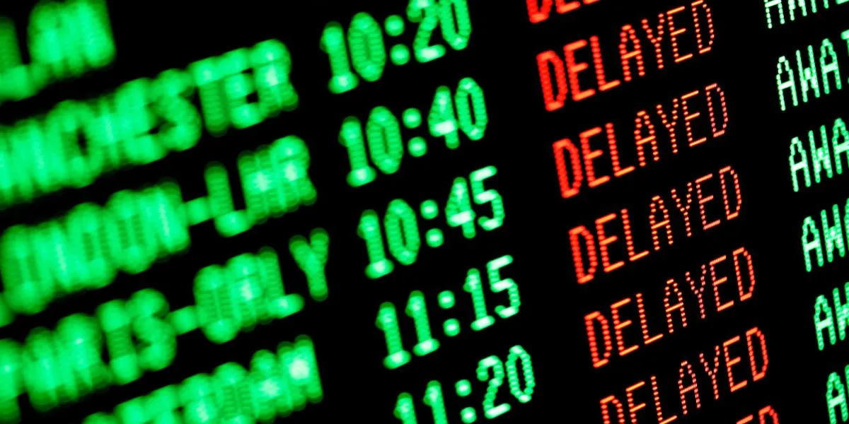 Pantalla de salidas con vuelos demorados y cancelados en un aeropuerto de EE. UU.