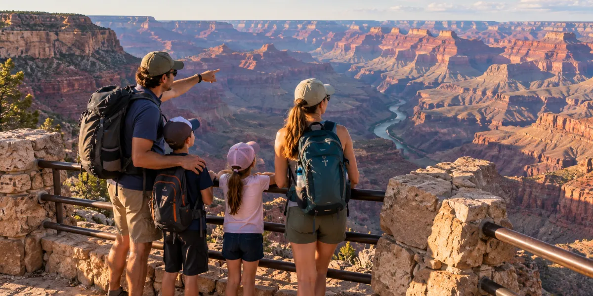 Familia en un mirador del Gran Cañón, uno de los parques con recargo de 100 USD