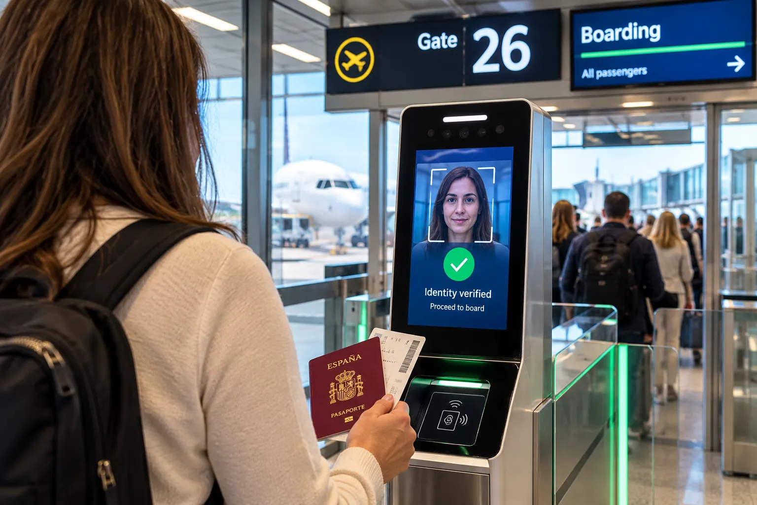 Cámara de reconocimiento facial de CBP en la puerta de embarque de un aeropuerto