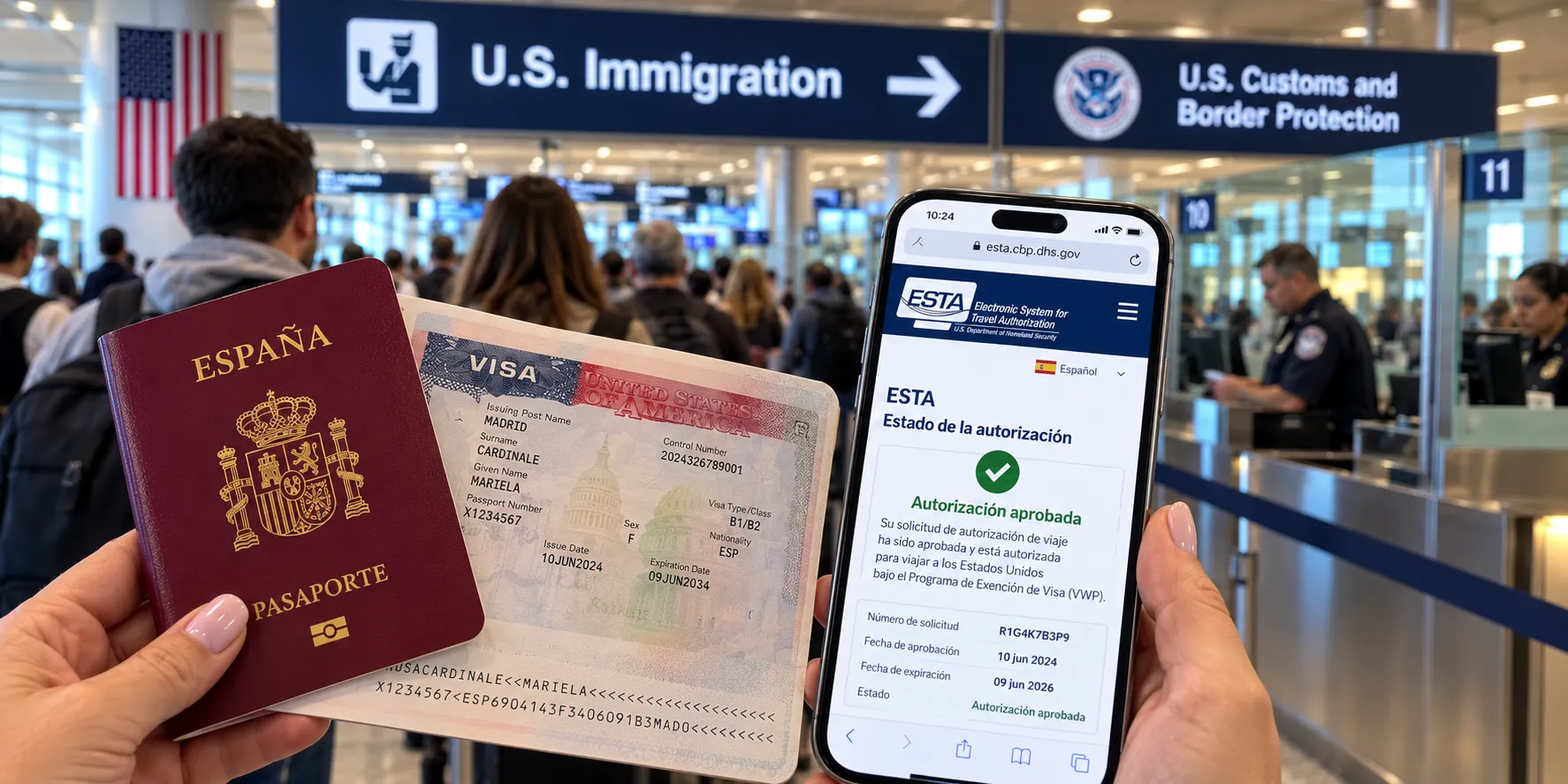 Pasaporte con visa de turista y solicitud de ESTA en el celular