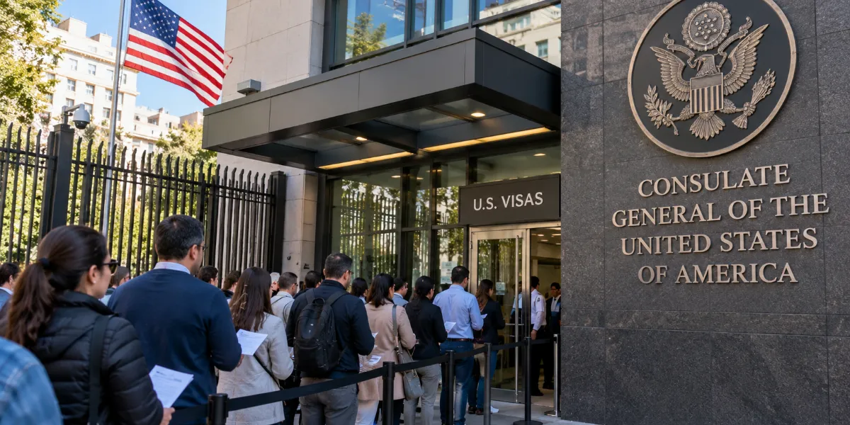 Imágen por IA del consulado americano con gente haciendo fila