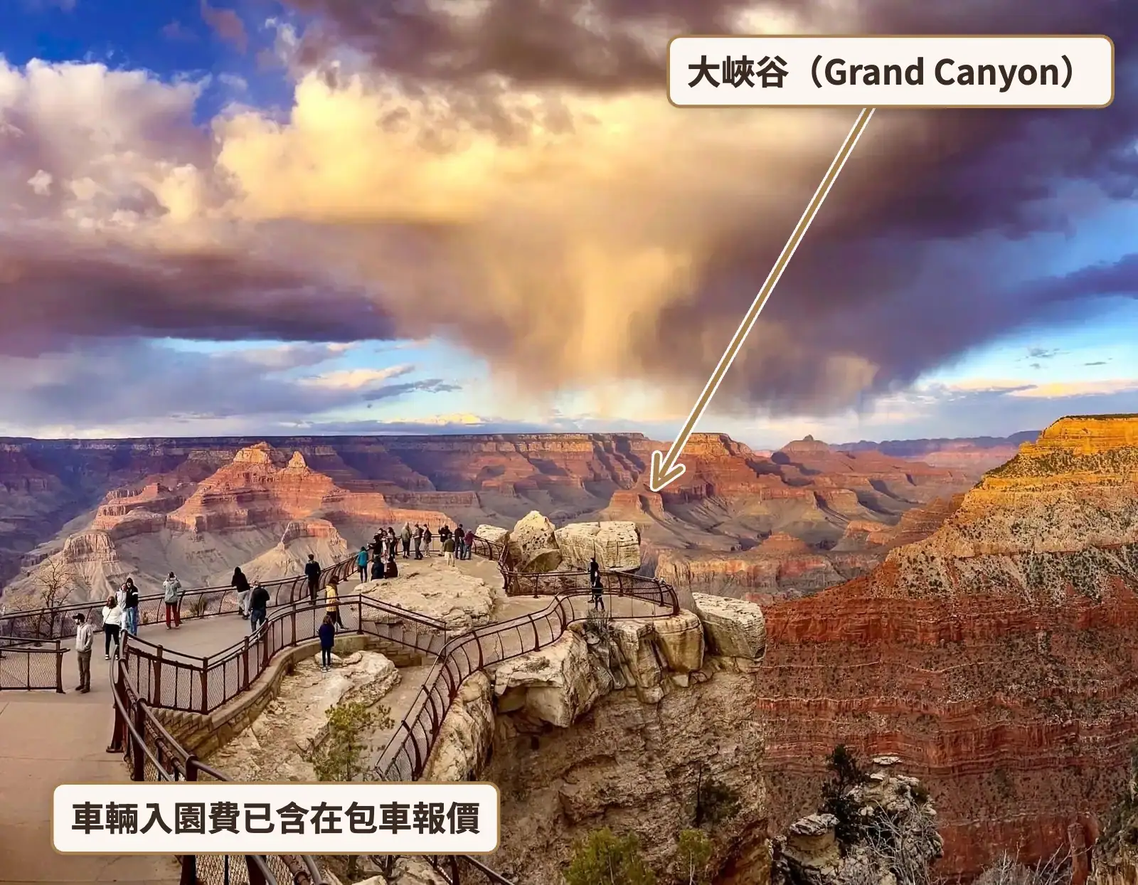 大峽谷岩石觀景台上遊客沿欄杆眺望,遠方紅色峽谷上空雲層翻湧