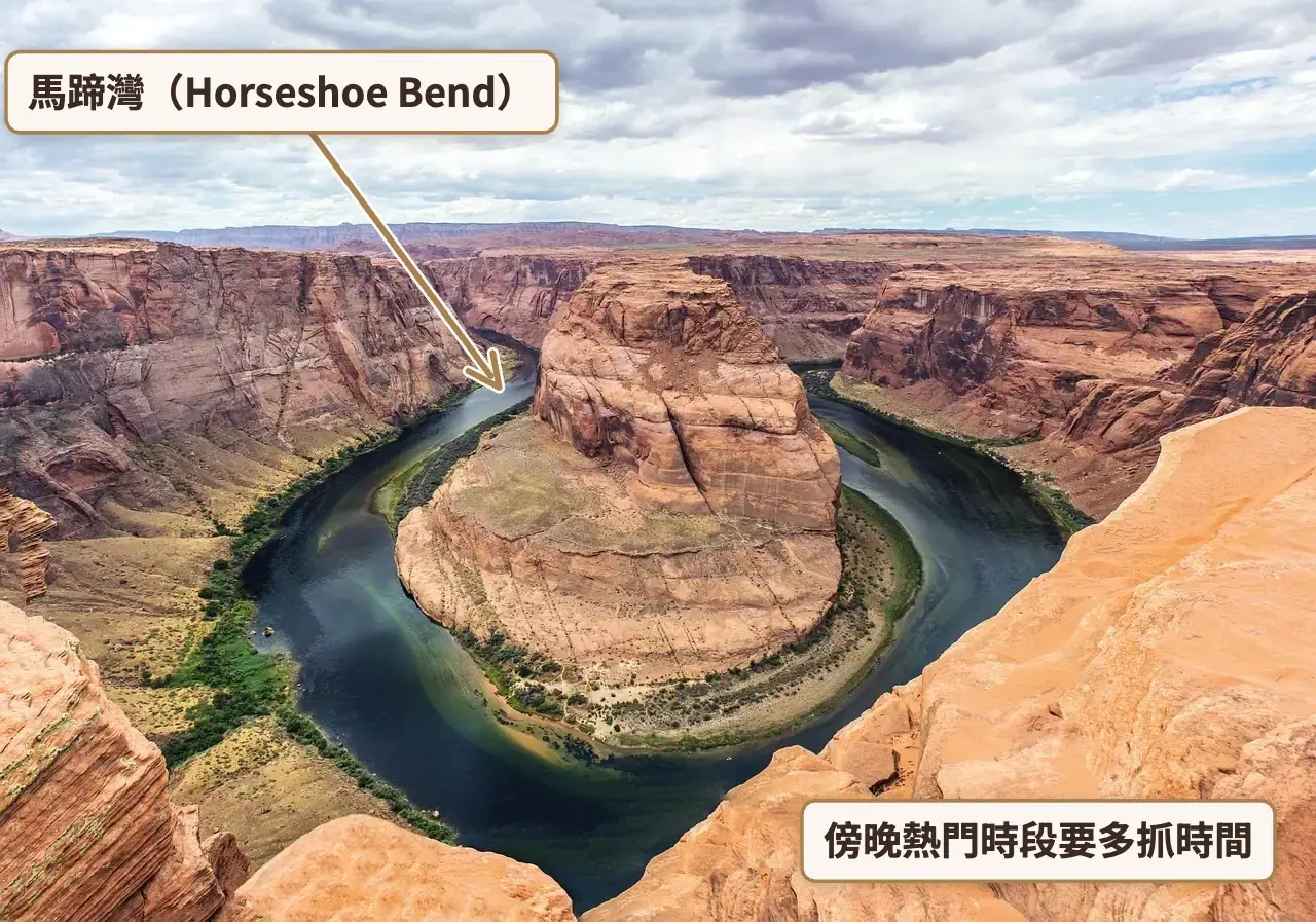 科羅拉多河繞過紅色砂岩形成馬蹄形河灣,多雲天空下的懸崖俯瞰全景