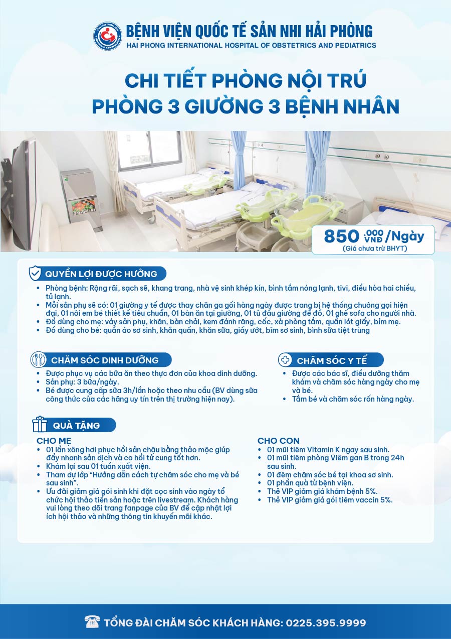 NỘI TRÚ TIÊU CHUẨN - 3 GIƯỜNG 3 BỆNH NHÂN - Bệnh viện Quốc tế Sản Nhi Hải Phòng