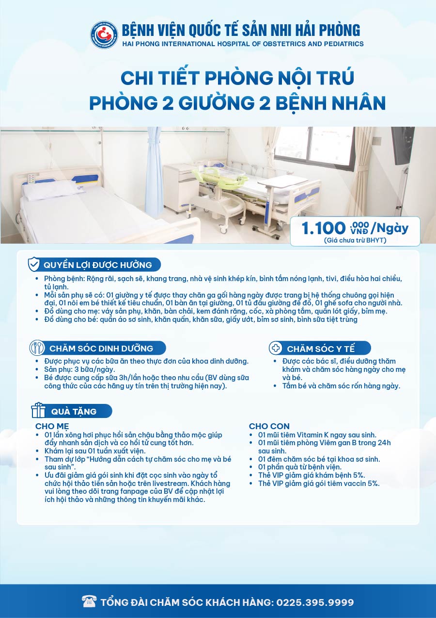 NỘI TRÚ TIÊU CHUẨN - 2 GIƯỜNG 2 NGƯỜI - Bệnh viện Quốc tế Sản Nhi Hải Phòng