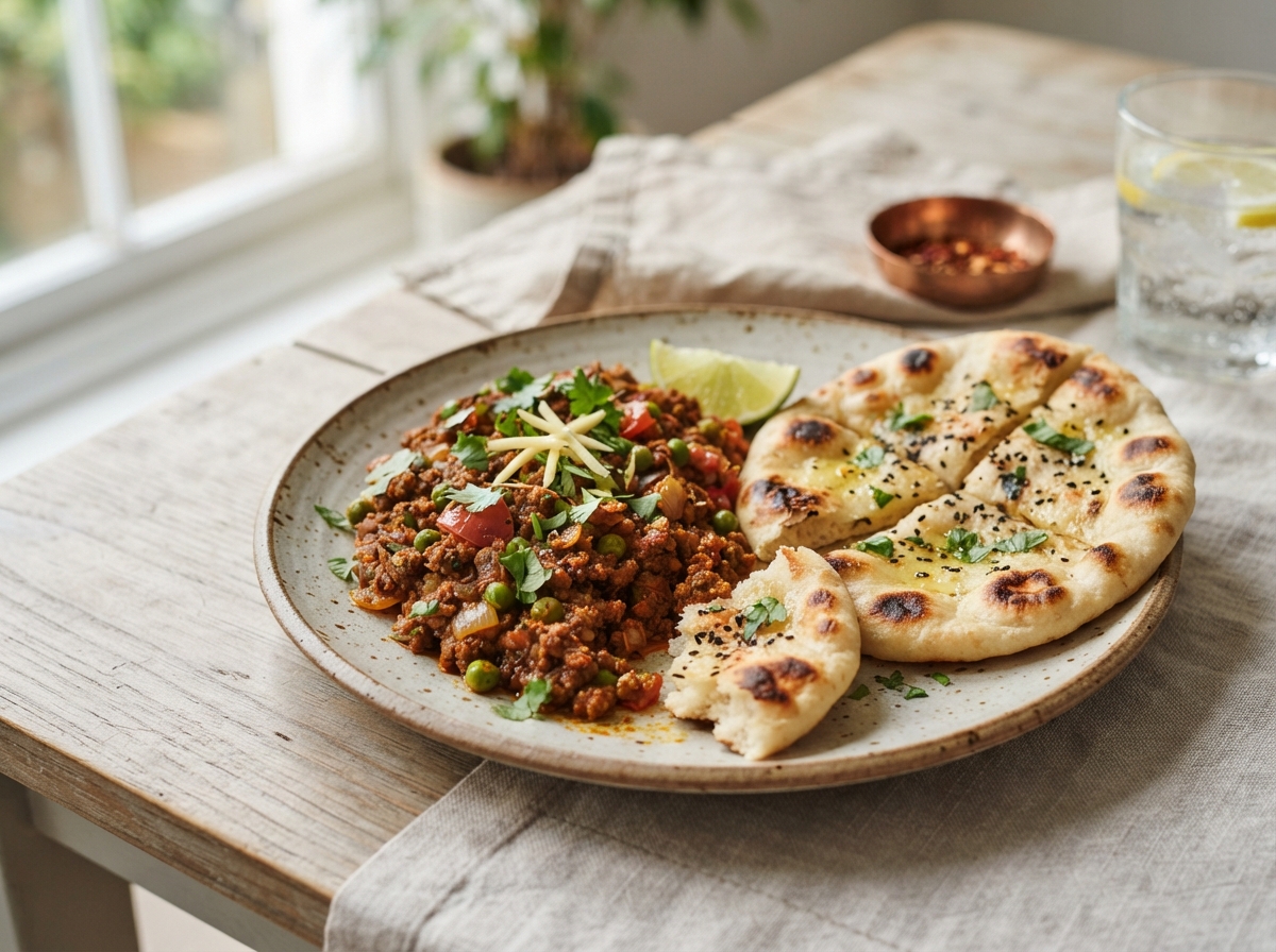 Masala Lamm-Keema mit knusprigem Pfannkuchen-Naan