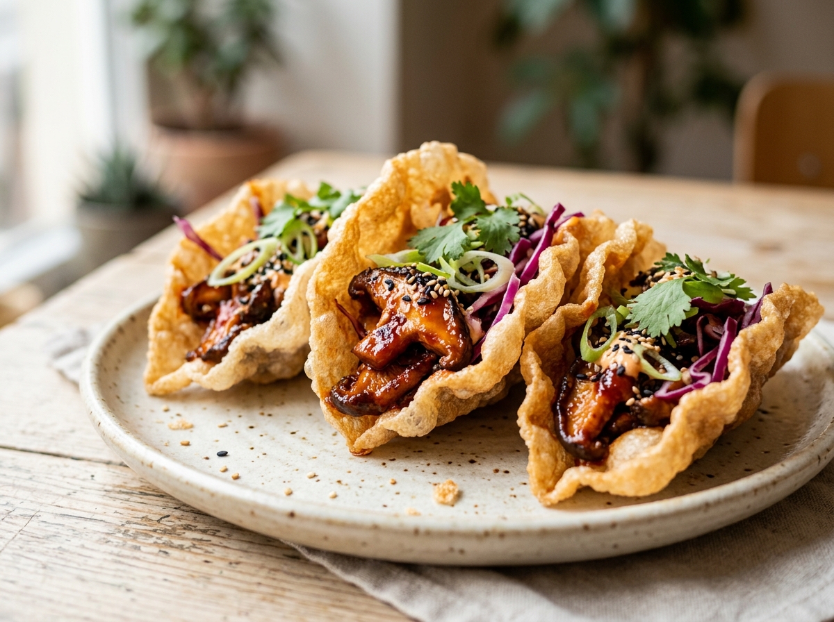 Gochujang-glasierte Shiitake-Tacos auf knusprigem Reis-Reispapier