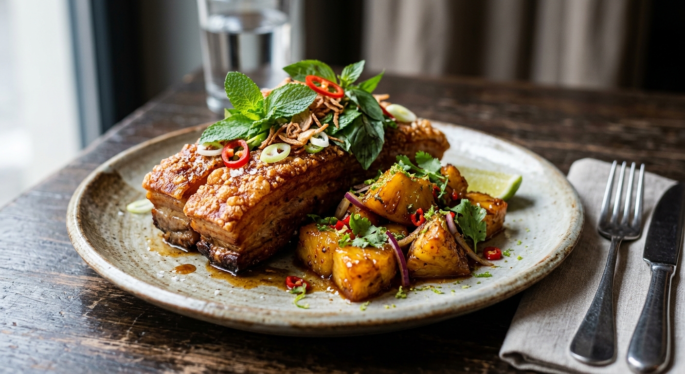 Wok-gerösteter Schweinebauch mit Karamell-Limetten-Ananas