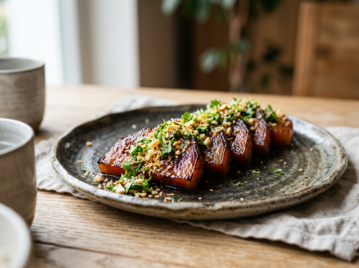 Miso-glasierte Wassermelonen-Tataki mit Koriander-Limetten-Crunch
