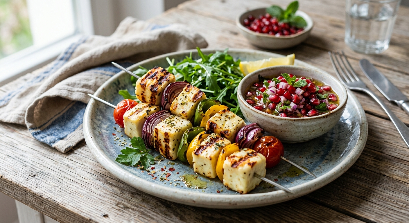 Griechische Halloumi-Souvlaki mit Honig-Zimt-Granatapfel-Salsa