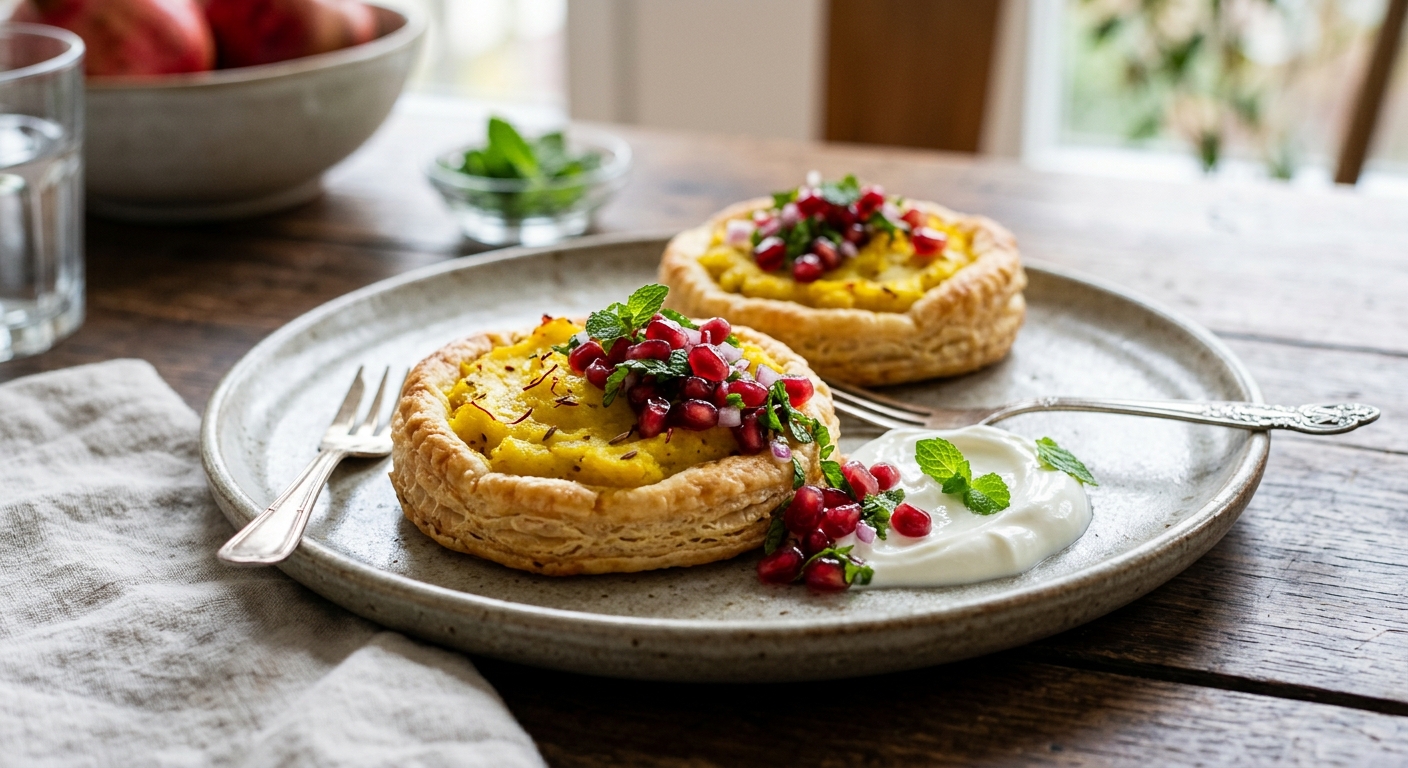  Safran-Aloo-Tartelettes mit Granatapfel-Minz-Chutney