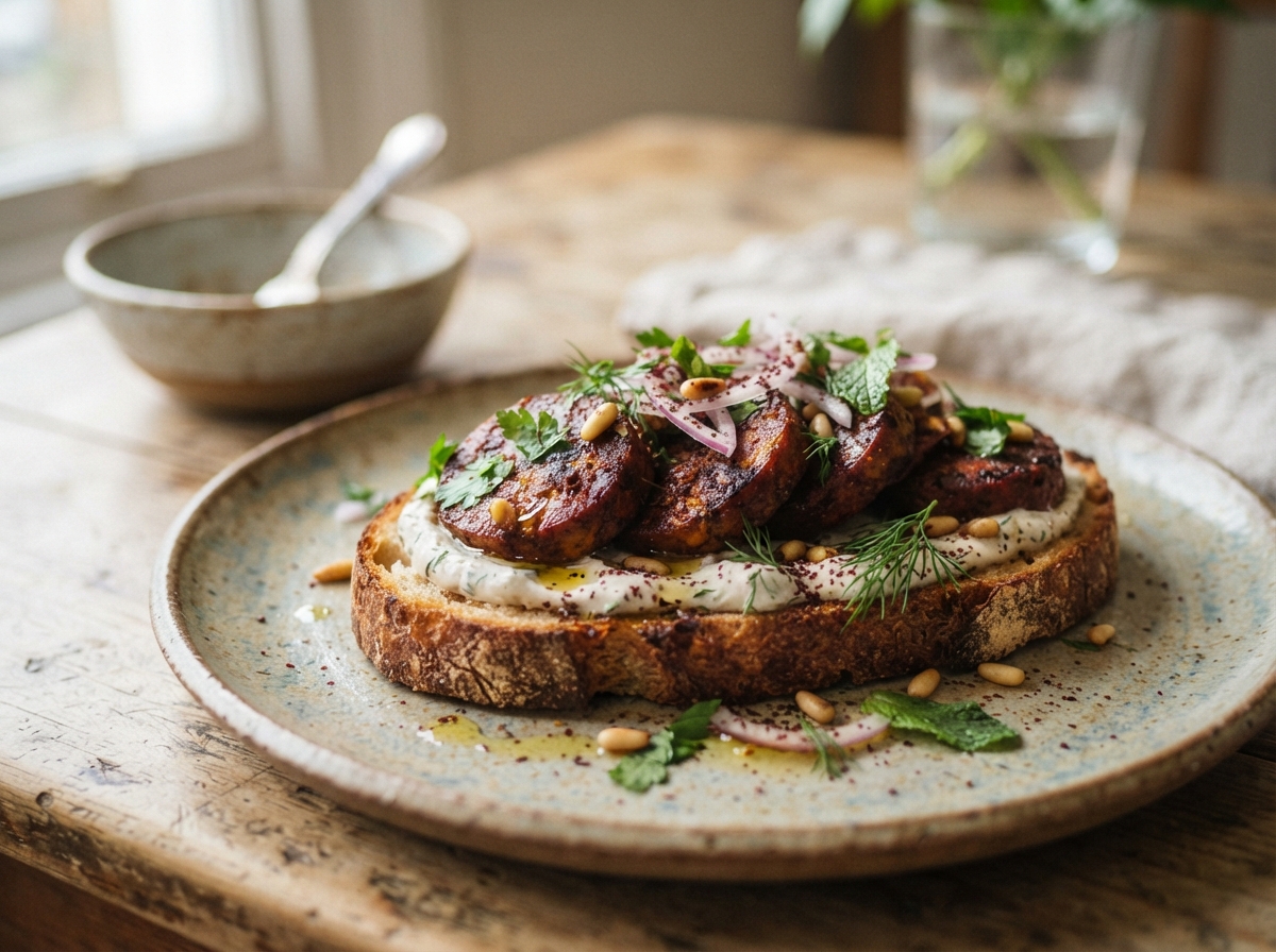 Gewürzter Kichererbsen-Sujuk auf geröstetem Sauerteig