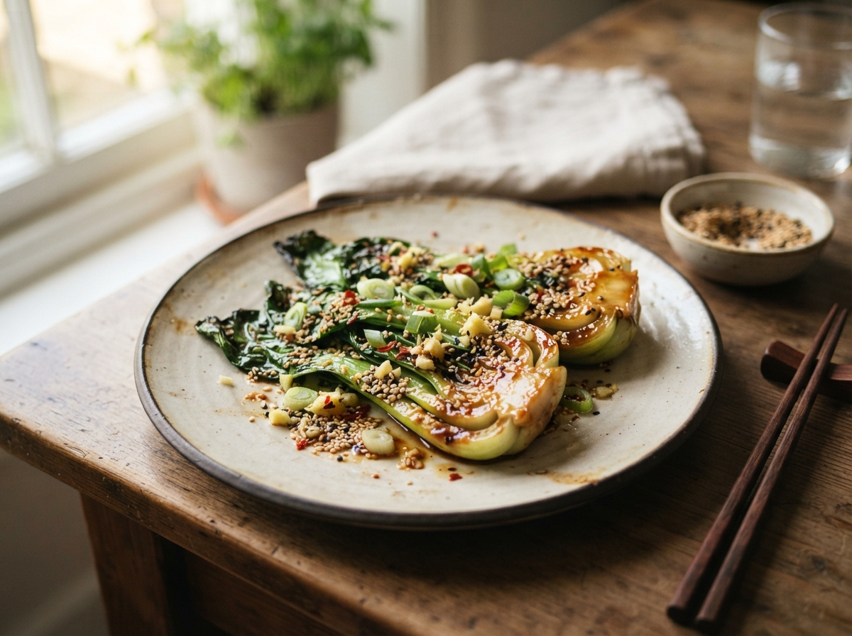Miso-glasierter Pak Choi mit Sesam-Crunch