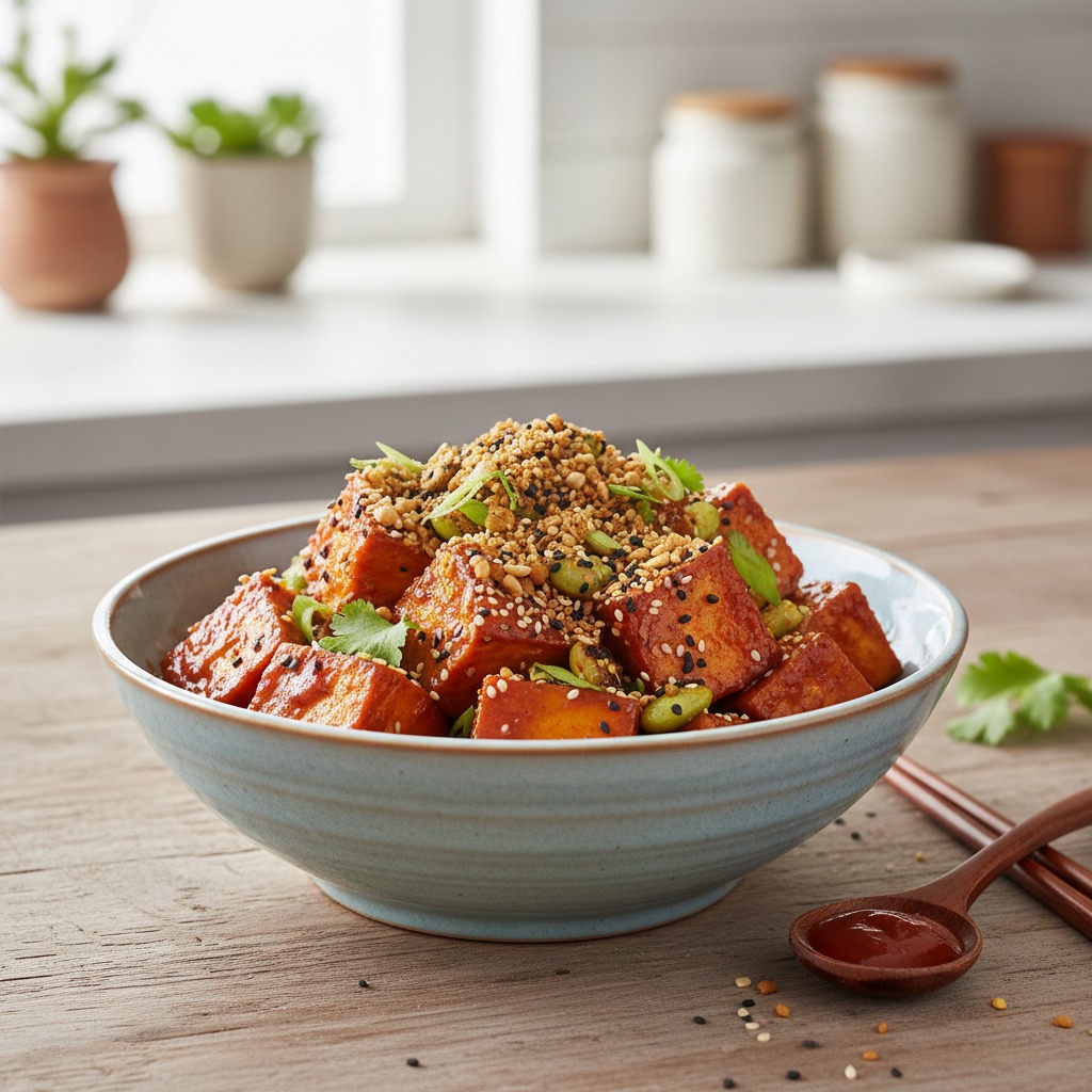 Koreanischer Gochujang-Tofu-Bowl mit gerösteten Edamame und Sesam-Crunch