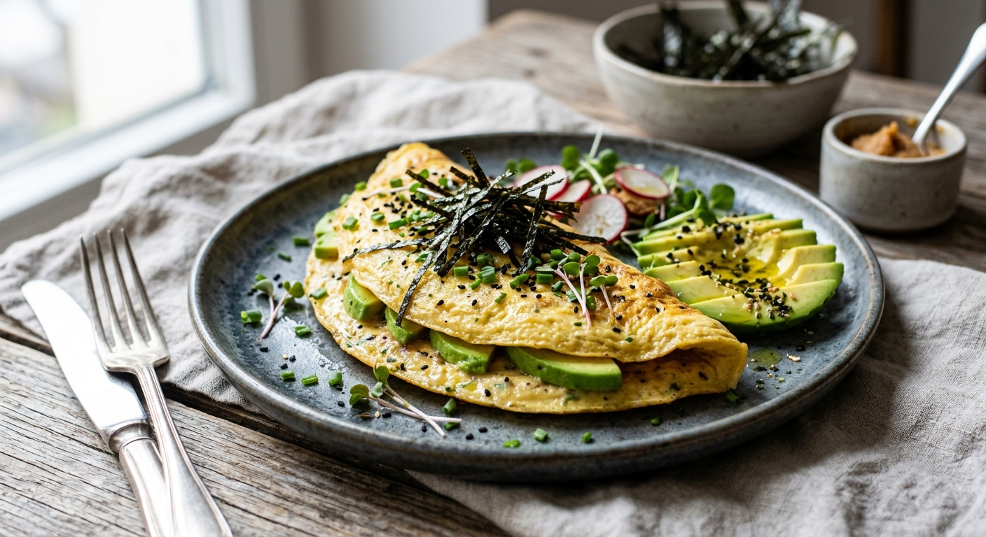 Miso-Avocado Omlette mit geröstetem Nori