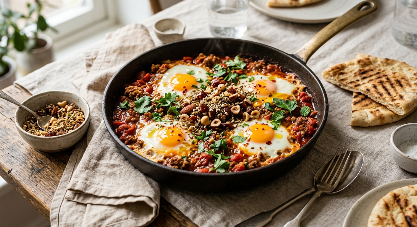 Marokkanisches Lamm-Shakshuka mit Dattel-Dukkah