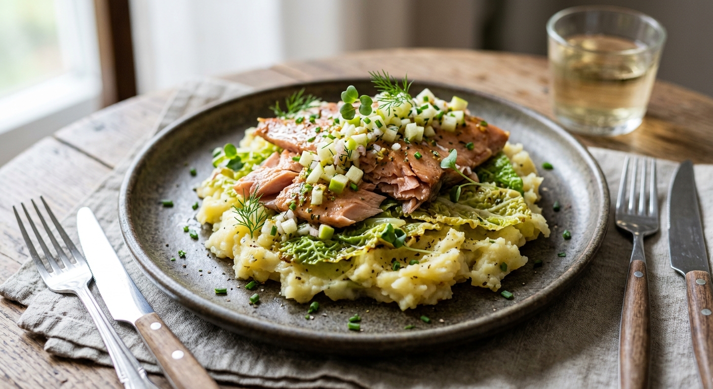 Geräucherte Forellen-Apfel-Vinaigrette auf warmem Kartoffel-Wirsing-Bett