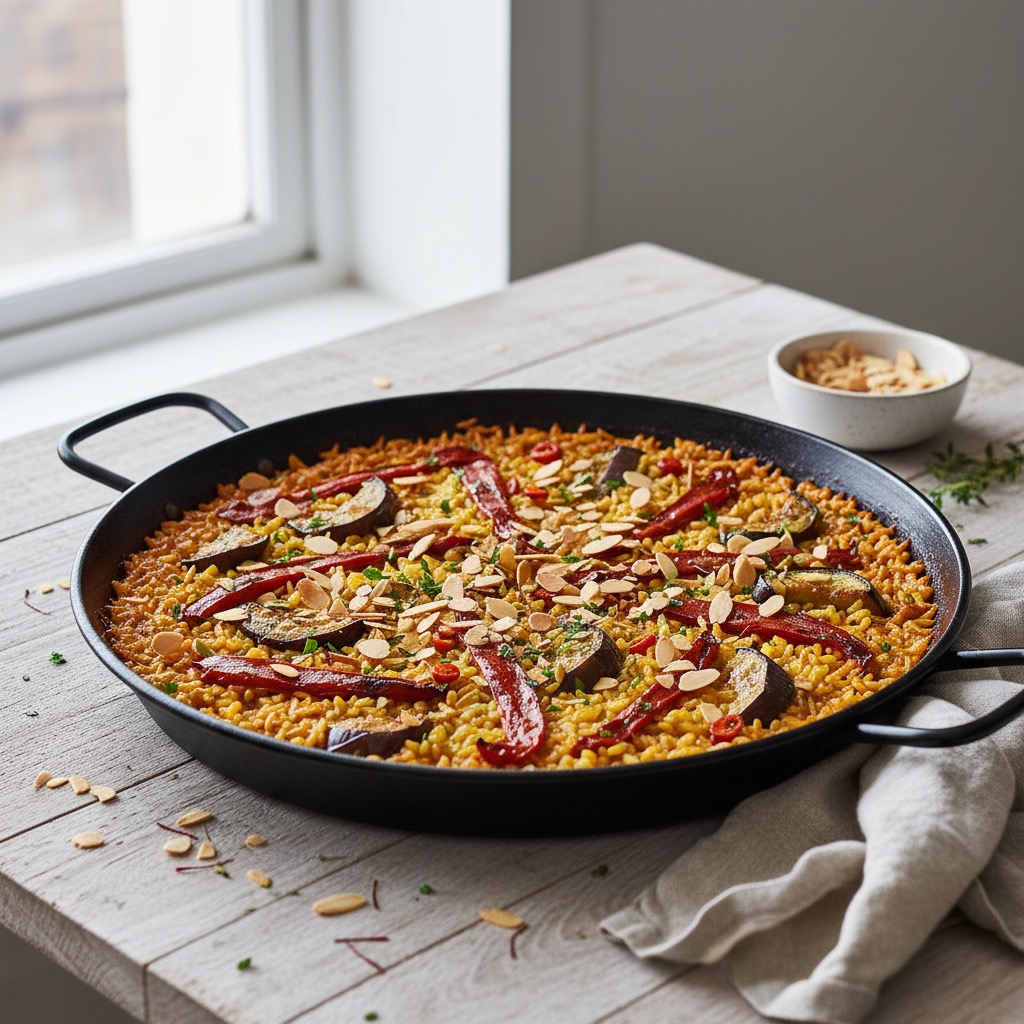 Geräucherte Paprika-Auberginen-Paella mit Safran-Mandelsplittern