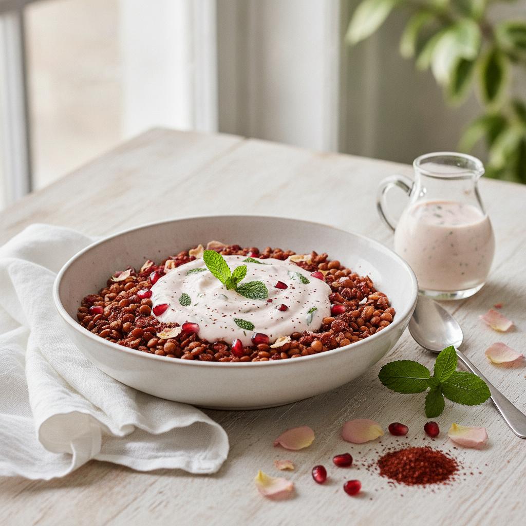 Libanesische Rosen-Sumach-Linsen-Bowl mit Granatapfel-Minz-Dressing