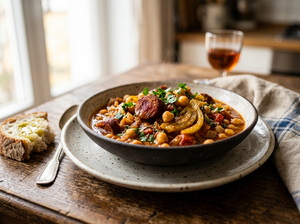 Spanisches Chorizo-Kichererbsen-Ragout mit geschmortem Fenchel