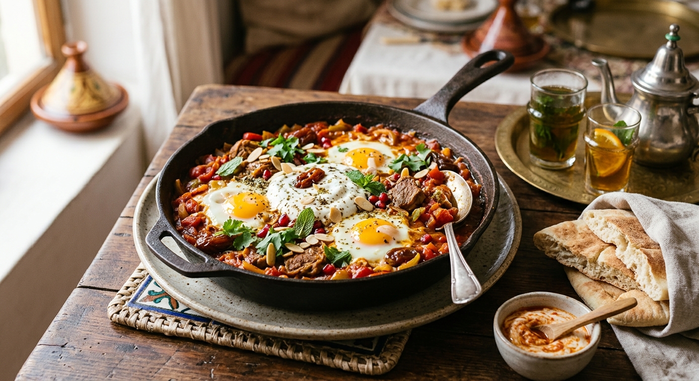 Marokkanisches Lamm-Dattel-Shakshuka mit Gewürz-Joghurt